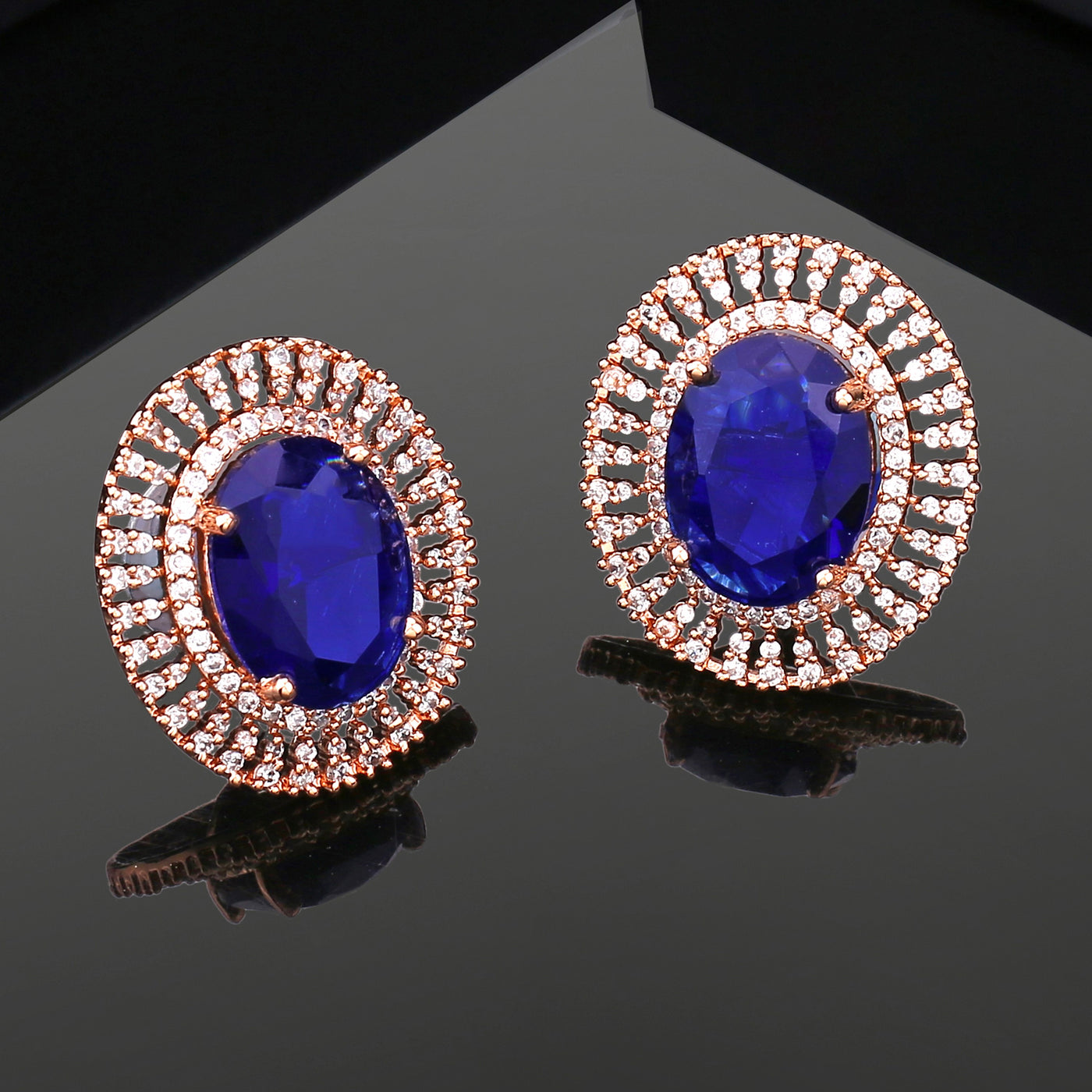 Estele Rose Gold Plated CZ Circular Stud Earrings with Blue Stones for Women