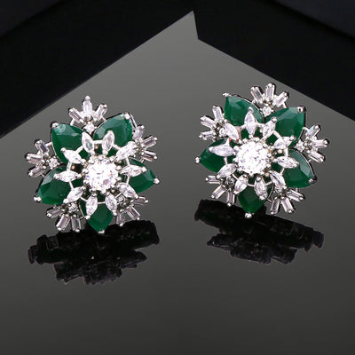 Estele Rhodium Plated CZ Flower Designer Stud Earrings with Green Stones for Women