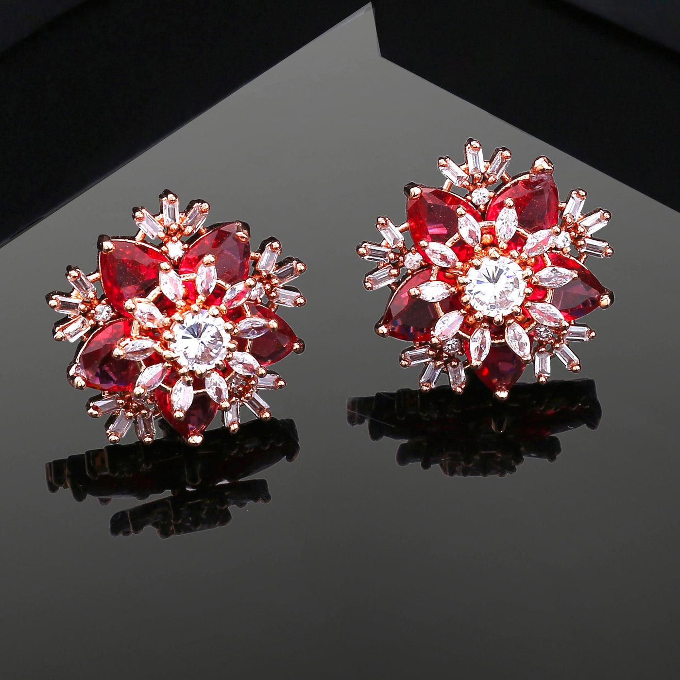 Estele Rose Gold Plated CZ Flower Designer Stud Earrings with Tourmaline Pink Stones for Women