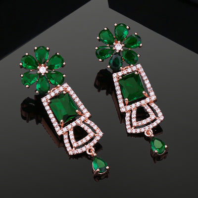 Estele Rose Gold Plated CZ Glimmering Earrings with Green Stones for Women