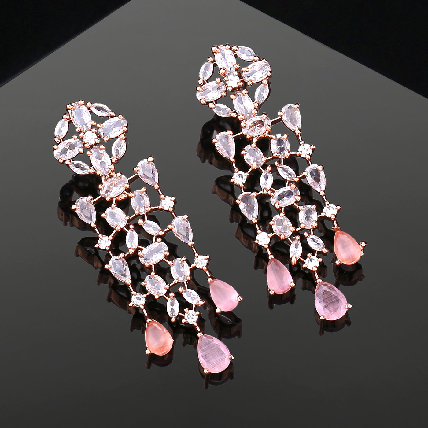 Estele Rose Gold Plated CZ Shimmery Trickle Designer Earrings with Mint Pink Stones for Women