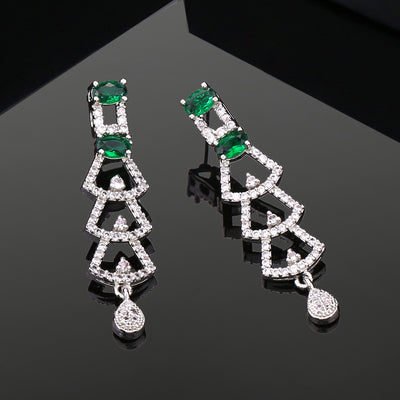 Estele Rhodium Plated CZ Ravishing Drop Earrings with Green Stones for Women