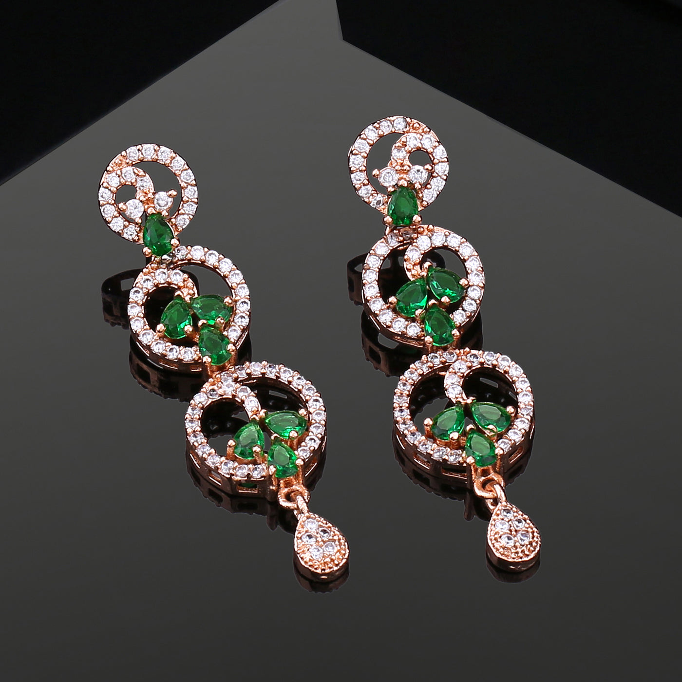 Estele Rose Gold Plated CZ Fascinating Earrings with Green Stones for Women