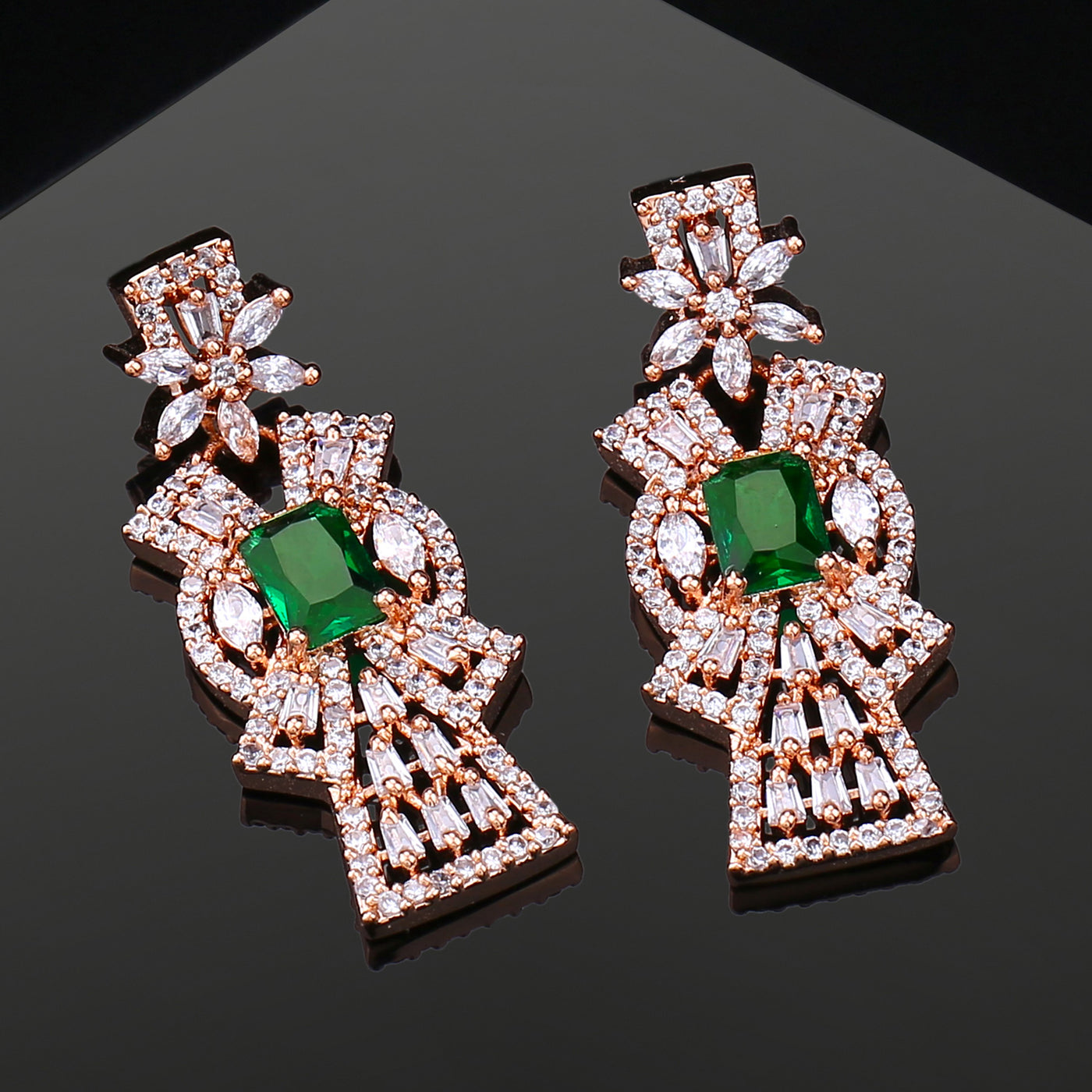 Estele Rose Gold Plated CZ Ravishing Earrings with Green Stones for Women
