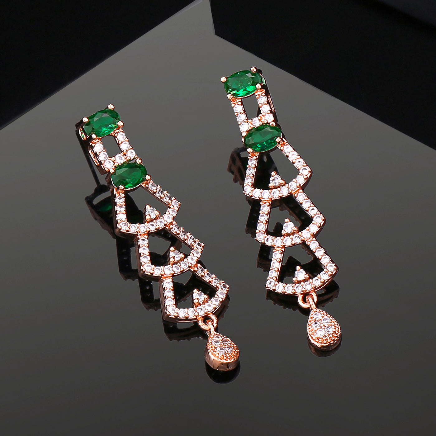 Estele Rose Gold Plated CZ Ravishing Drop Earrings with Green Stones for Women