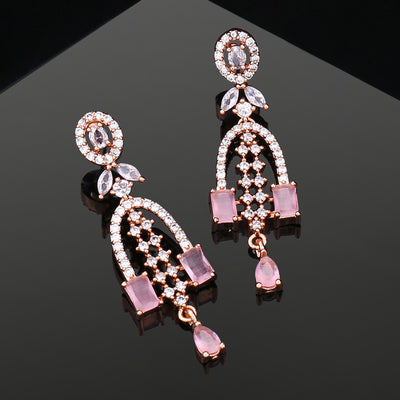 Estele Rose Gold Plated CZ Falling Star Designer Earrings with Mint Pink Stones for Women