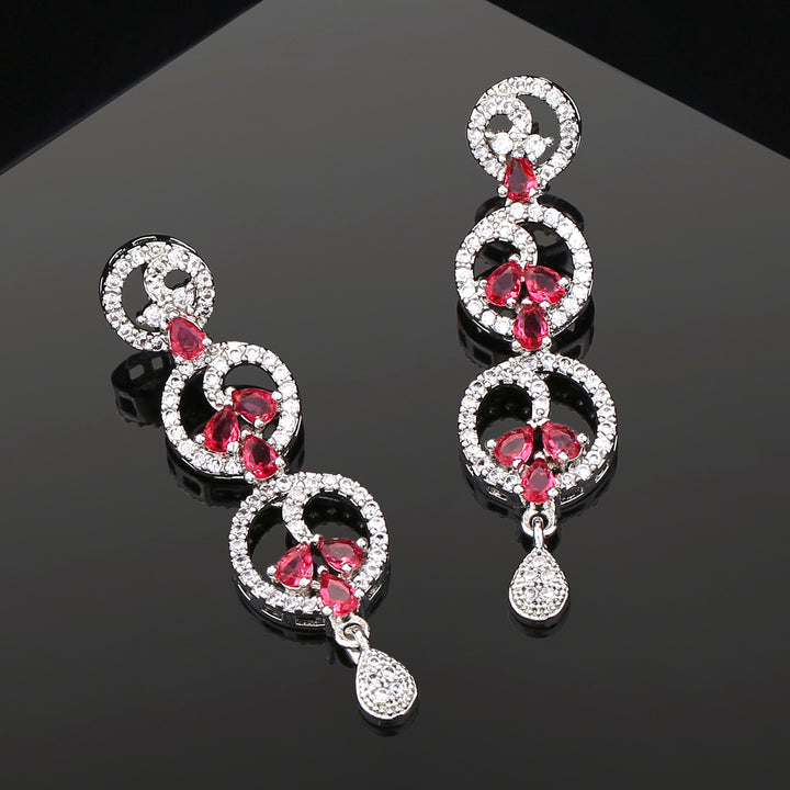 Estele Rhodium Plated CZ Fascinating Earrings with Tourmaline Pink Stones for Women