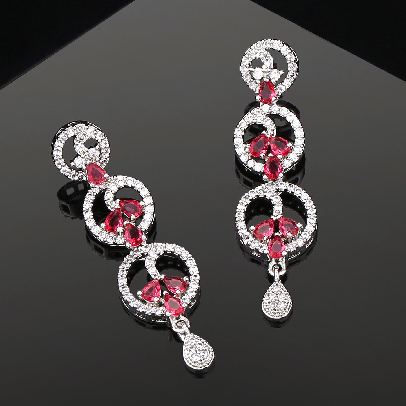 Estele Rhodium Plated CZ Fascinating Earrings with Tourmaline Pink Stones for Women