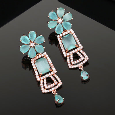 Estele Rose Gold Plated CZ Glimmering Earrings with Mint Green Stones for Women