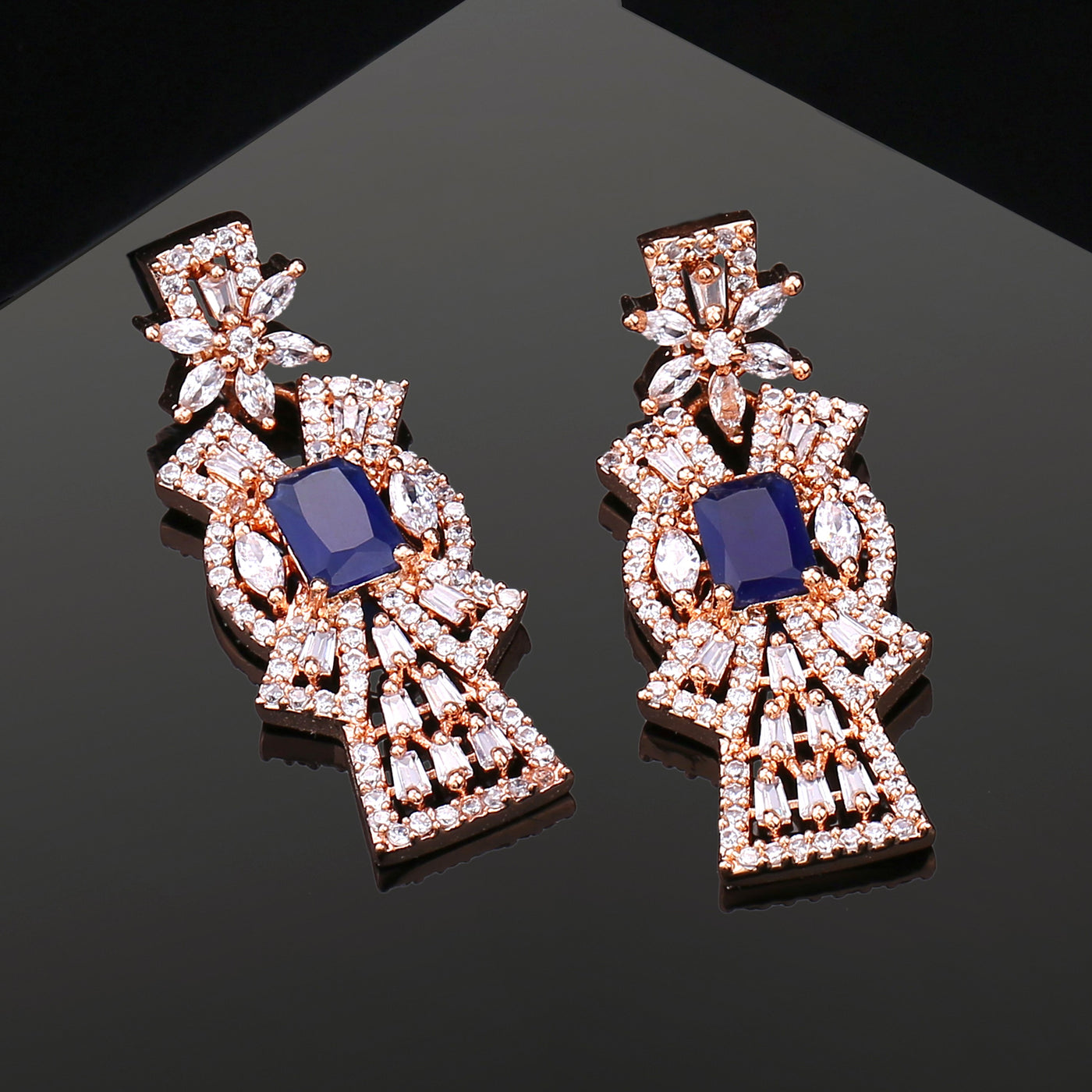 Estele Rose Gold Plated CZ Ravishing Earrings with Blue Stones for Women
