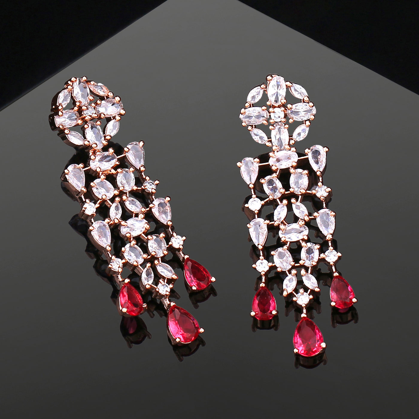 Estele Rose Gold Plated CZ Shimmery Trickle Designer Earrings with Tourmaline Pink Stones for Women