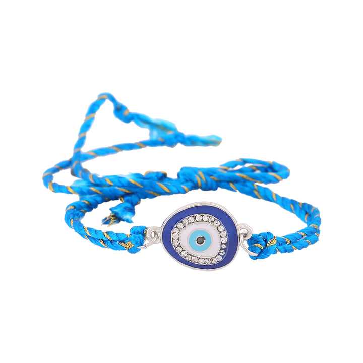 Estele Rhodium Plated Designer Evil Eye Rakhi with Austrian Crystals, Enamel and Silk Thread
