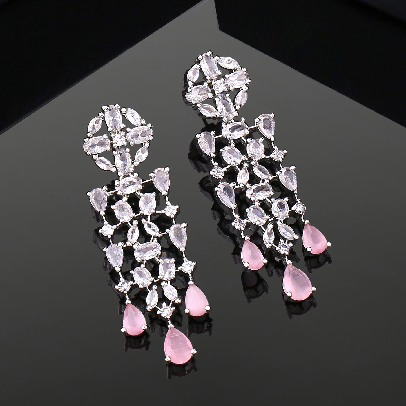 Estele Rhodium Plated CZ Shimmery Trickle Designer Earrings with Mint Pink Stones for Women