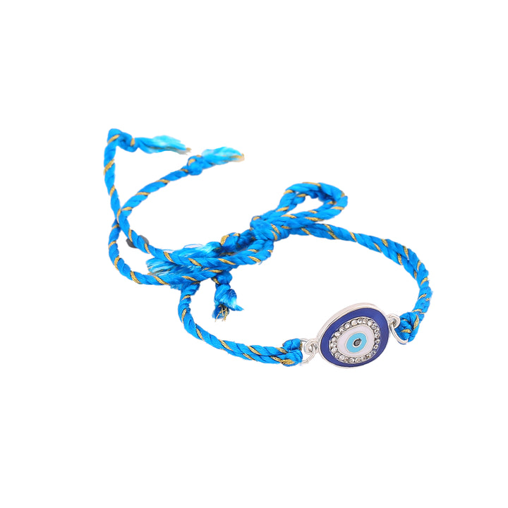 Estele Rhodium Plated Designer Evil Eye Rakhi with Austrian Crystals, Enamel and Silk Thread