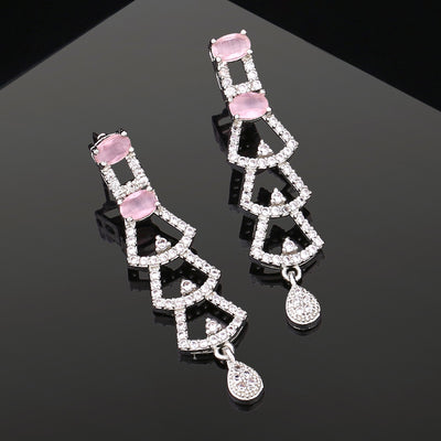 Estele Rhodium Plated CZ Ravishing Drop Earrings with Mint Pink Stones for Women