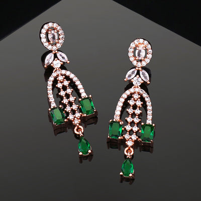 Estele Rose Gold Plated CZ Falling Star Designer Earrings with Green Stones for Women