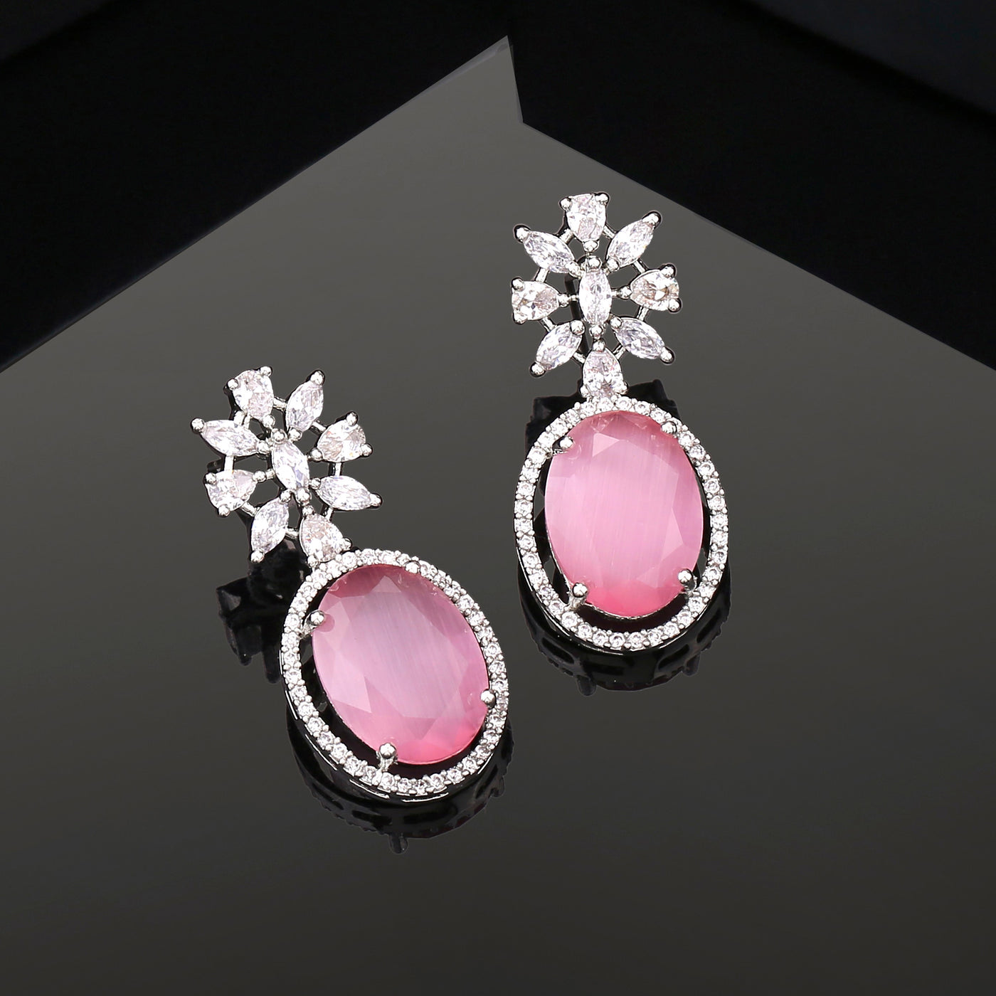 Estele Rhodium Plated CZ Gorgeous Drop Earrings with Mint Pink Stones for Women