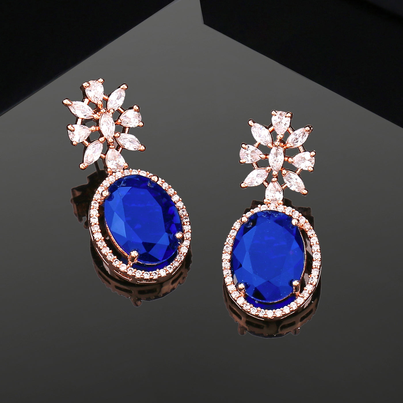 Estele Rose Gold Plated CZ Beautiful Drop Earrings with Blue Stones for Women