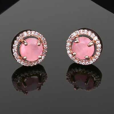 Estele Rose Gold Plated CZ Circular Designer Stud Earrings with Mint Pink Stones for Women