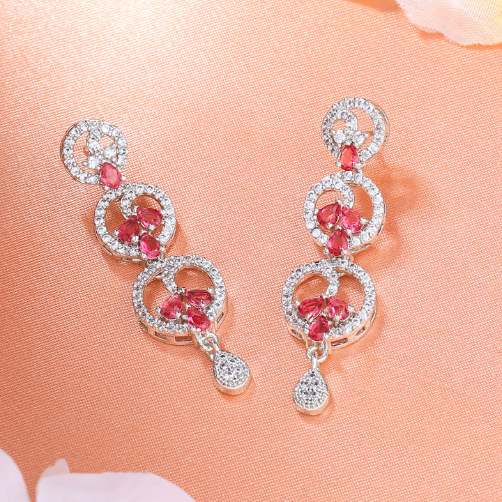 Estele Rhodium Plated CZ Fascinating Earrings with Tourmaline Pink Stones for Women