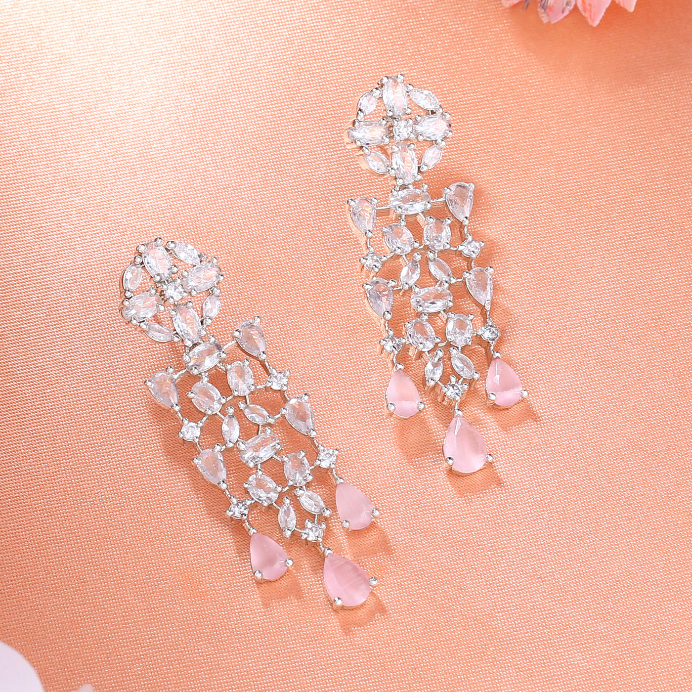 Estele Rhodium Plated CZ Shimmery Trickle Designer Earrings with Mint Pink Stones for Women