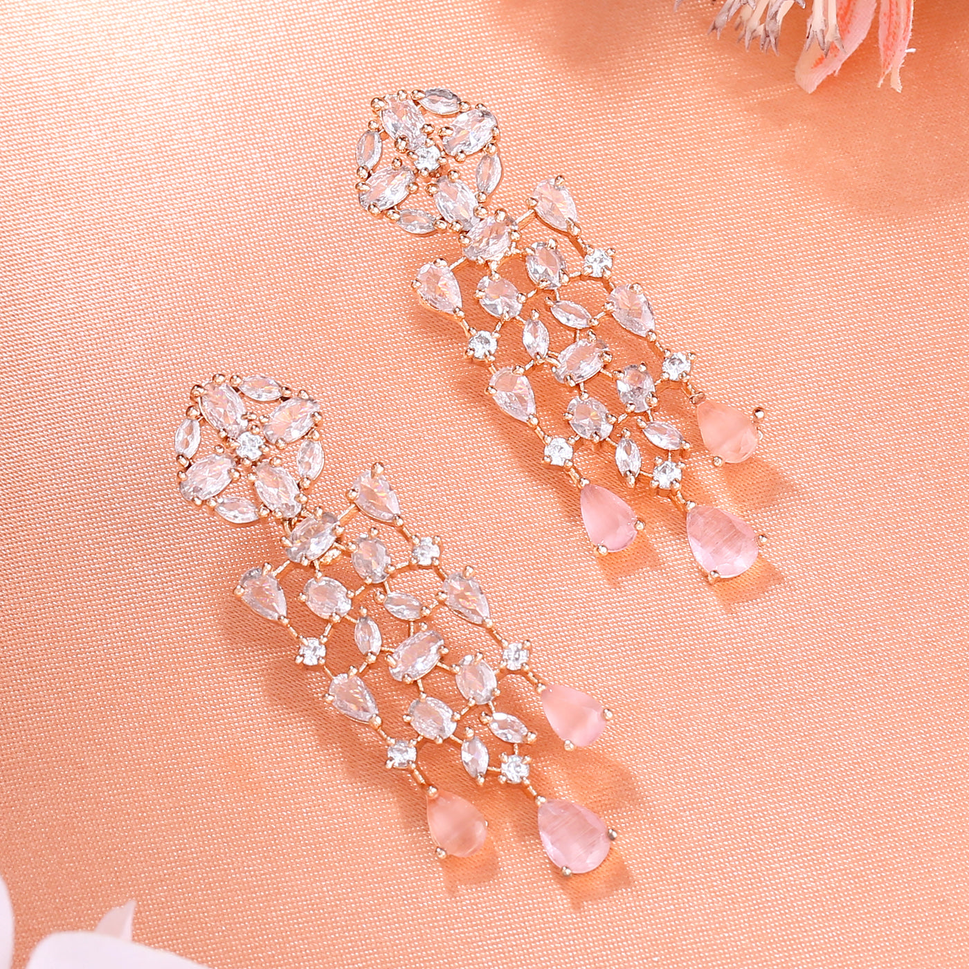 Estele Rose Gold Plated CZ Shimmery Trickle Designer Earrings with Mint Pink Stones for Women