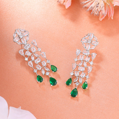 Estele Rhodium Plated CZ Shimmery Trickle Designer Earrings with Green Stones for Women