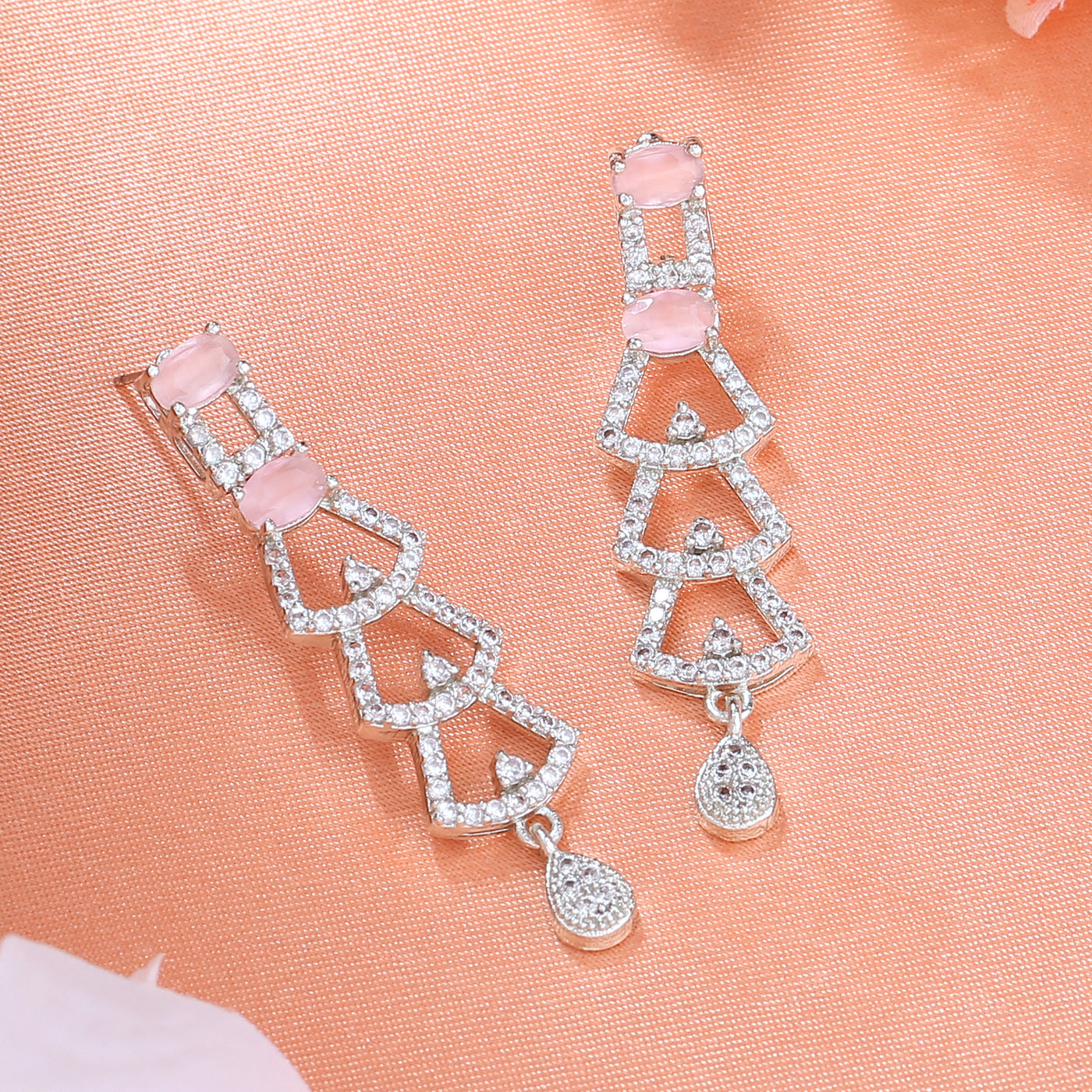 Estele Rhodium Plated CZ Ravishing Drop Earrings with Mint Pink Stones for Women