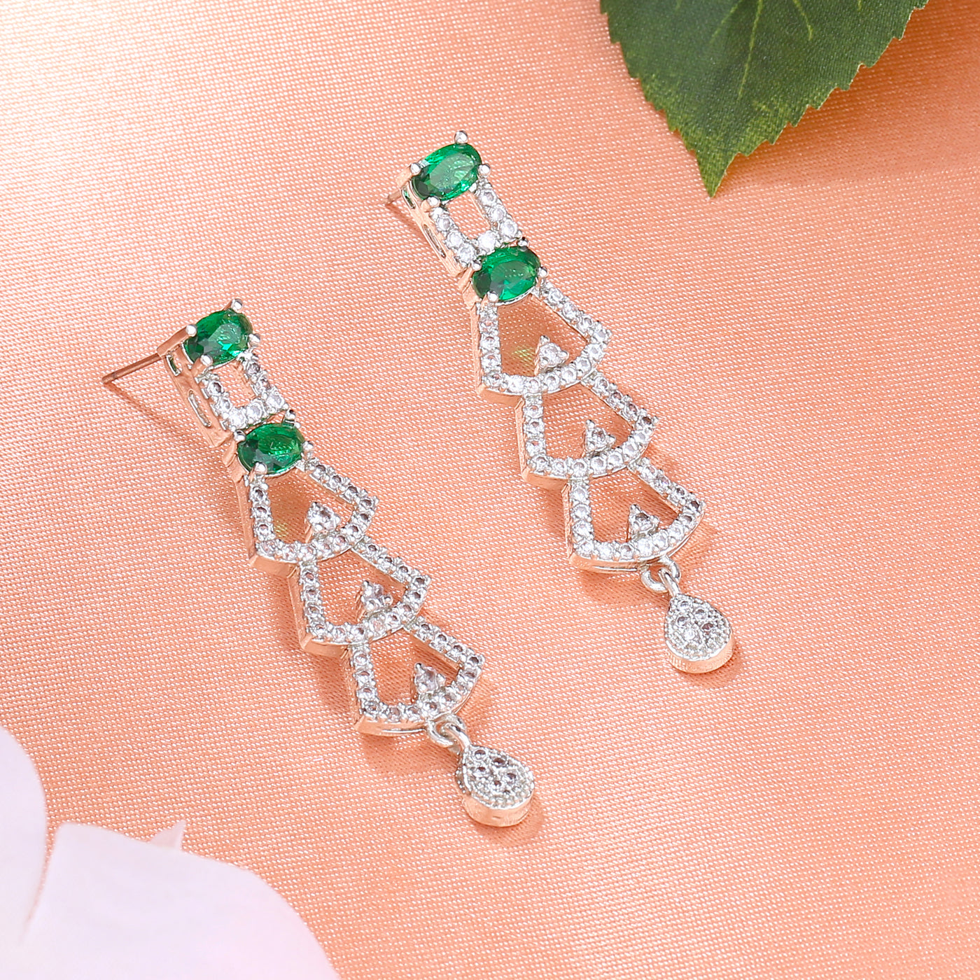 Estele Rhodium Plated CZ Ravishing Drop Earrings with Green Stones for Women