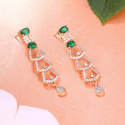 Estele Rose Gold Plated CZ Ravishing Drop Earrings with Green Stones for Women