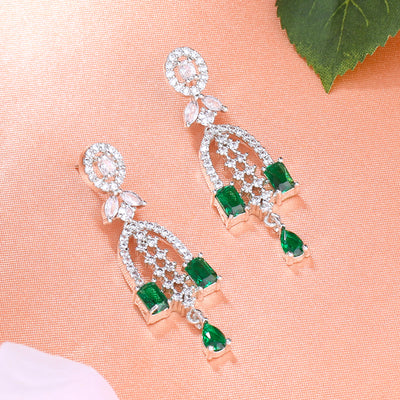 Estele Rhodium Plated CZ Falling Star Designer Earrings with Green Stones for Women