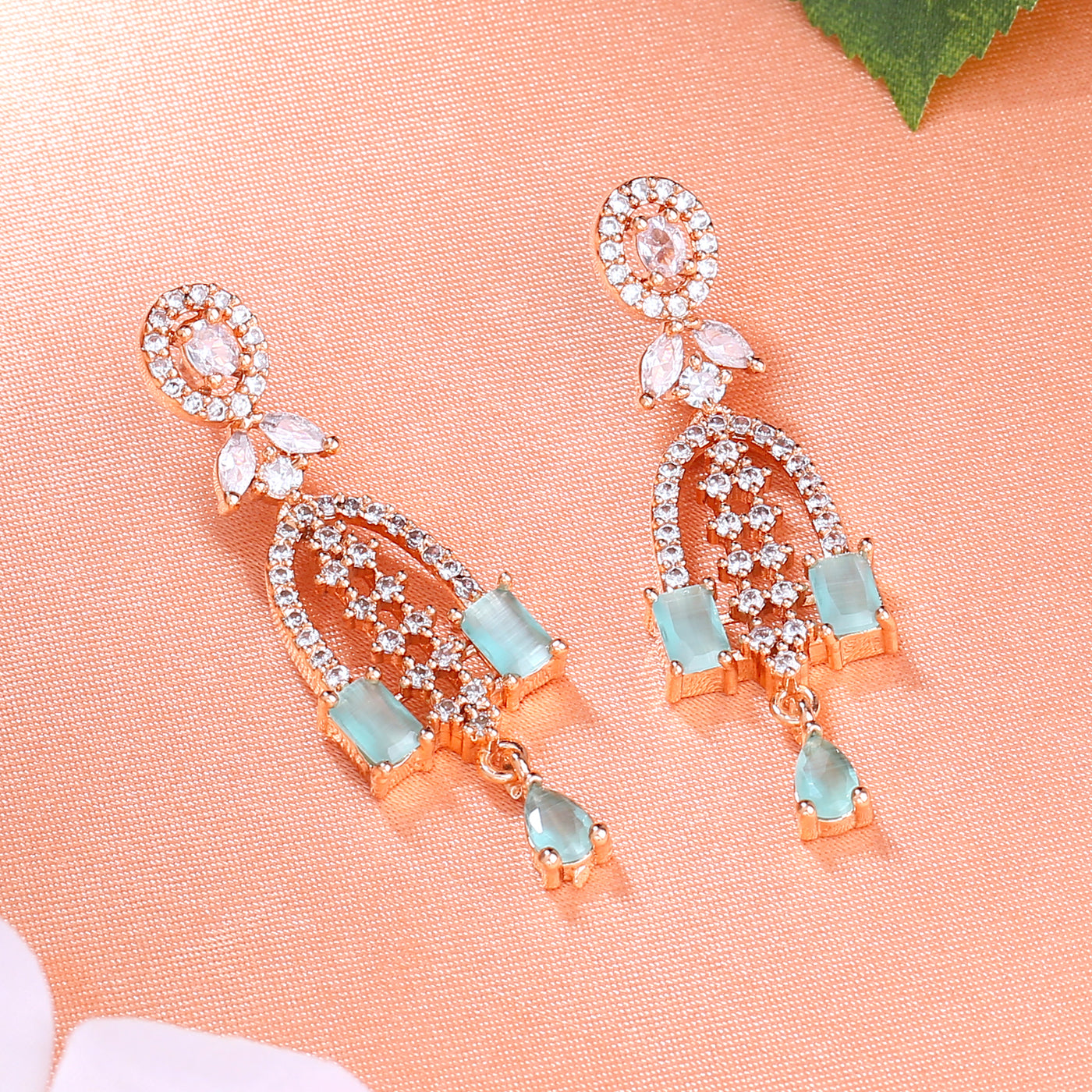 Estele Rose Gold Plated CZ Falling Star Designer Earrings with Mint Green Stones for Women