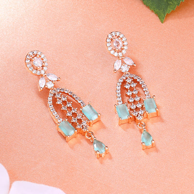 Estele Rose Gold Plated CZ Falling Star Designer Earrings with Mint Green Stones for Women