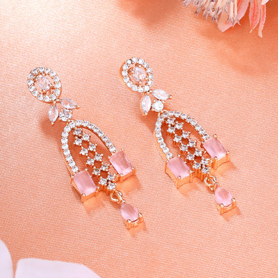 Estele Rose Gold Plated CZ Falling Star Designer Earrings with Mint Pink Stones for Women