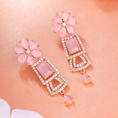 Estele Rose Gold Plated CZ Glimmering Earrings with Mint Pink Stones for Women