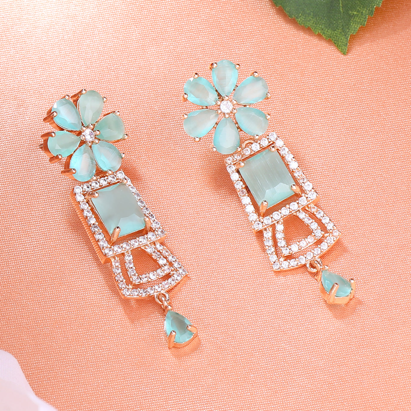 Estele Rose Gold Plated CZ Glimmering Earrings with Mint Green Stones for Women