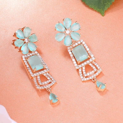 Estele Rose Gold Plated CZ Glimmering Earrings with Mint Green Stones for Women