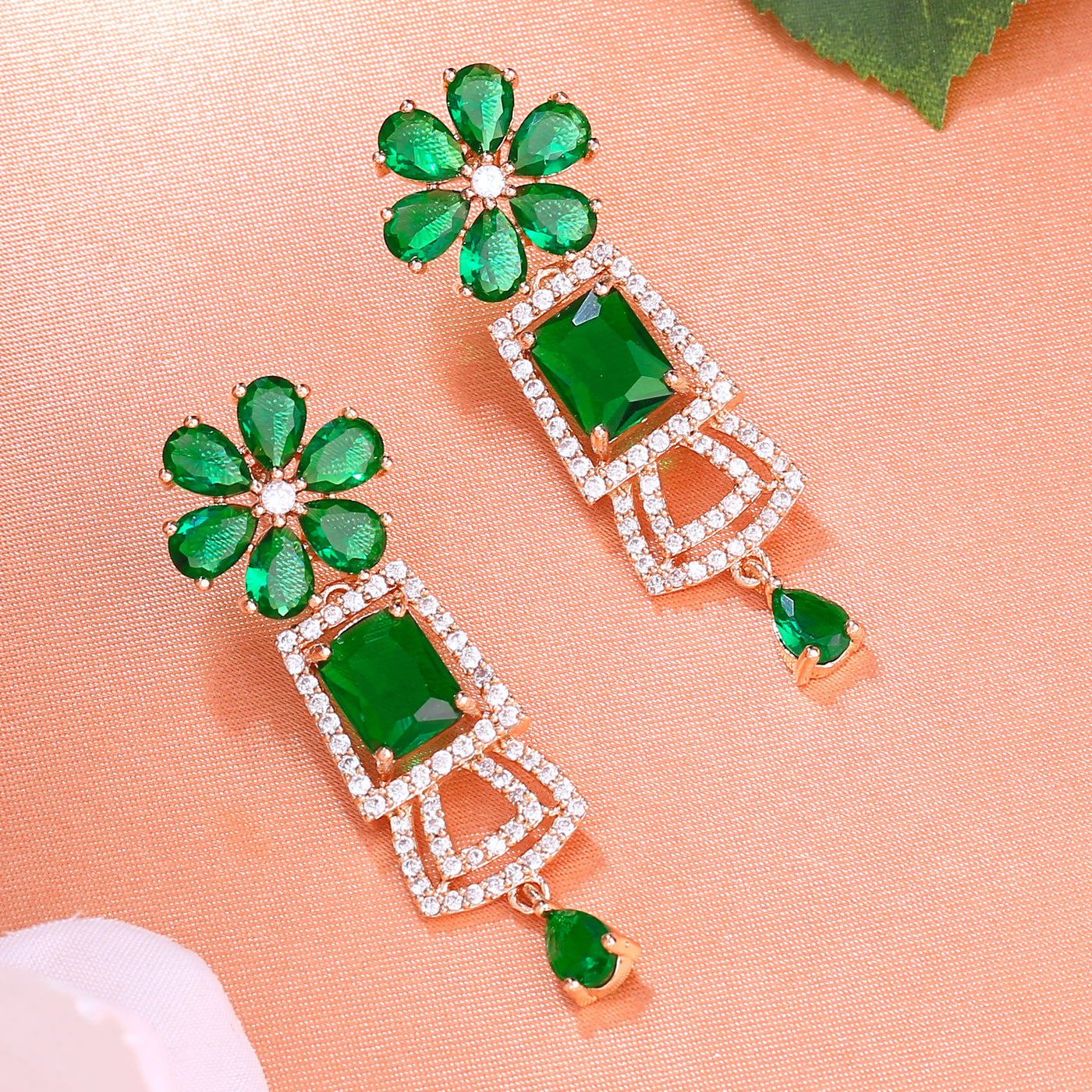 Estele Rose Gold Plated CZ Glimmering Earrings with Green Stones for Women