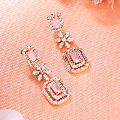 Estele Rose Gold Plated CZ Classic Designer Drop Earrings with Mint Pink Stones for Women