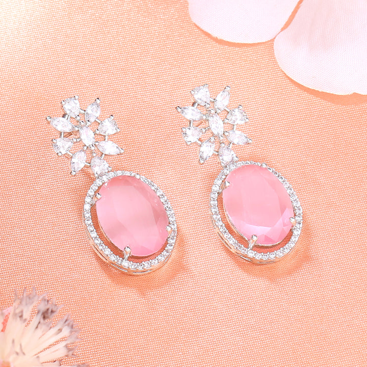 Estele Rhodium Plated CZ Gorgeous Drop Earrings with Mint Pink Stones for Women