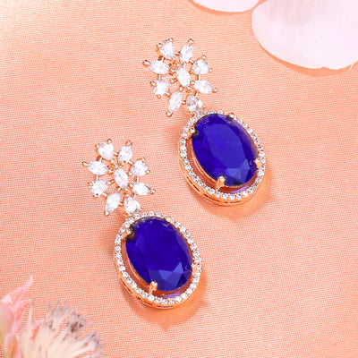 Estele Rose Gold Plated CZ Beautiful Drop Earrings with Blue Stones for Women