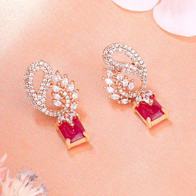 Estele Rose Gold Plated CZ Peacock Designer Earrings with Ruby Stones for Women