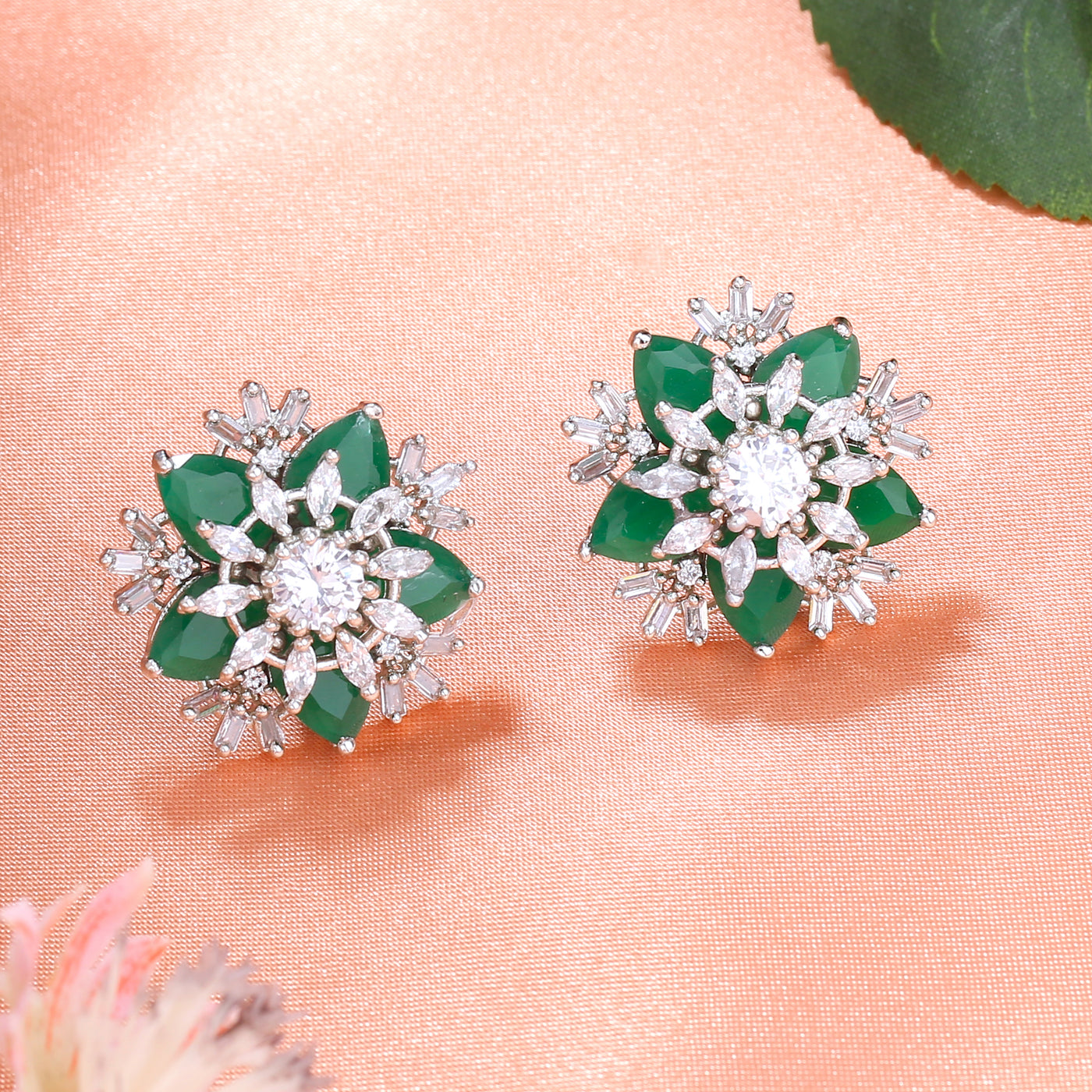 Estele Rhodium Plated CZ Flower Designer Stud Earrings with Green Stones for Women