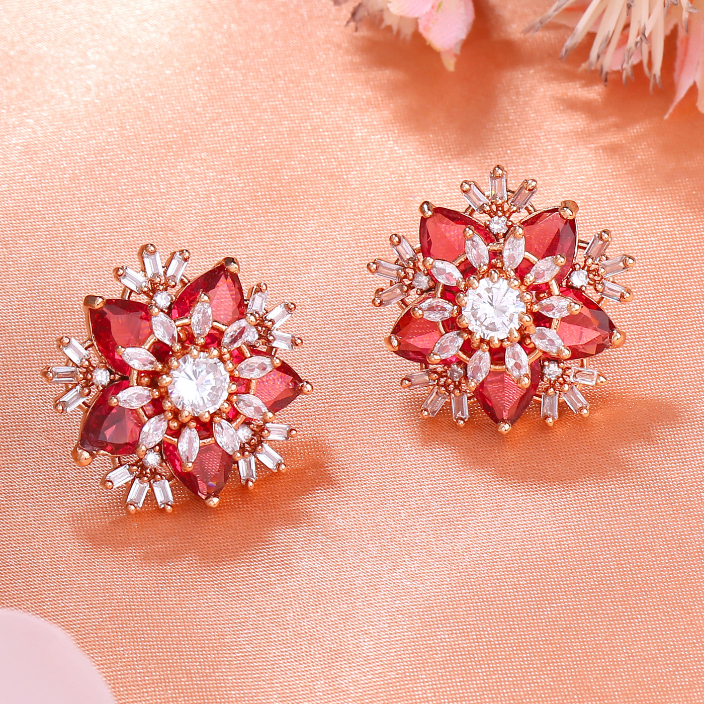 Estele Rose Gold Plated CZ Flower Designer Stud Earrings with Tourmaline Pink Stones for Women