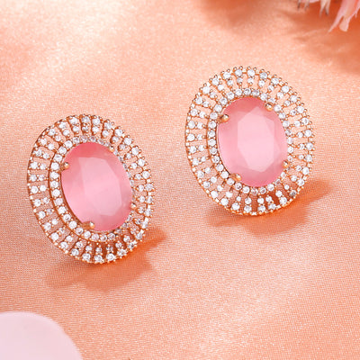 Estele Rose Gold Plated CZ Circular Designer Stud Earrings with Mint Pink Stones for Women