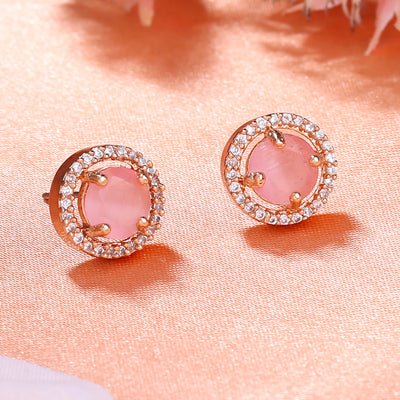 Estele Rose Gold Plated CZ Circular Designer Stud Earrings with Mint Pink Stones for Women