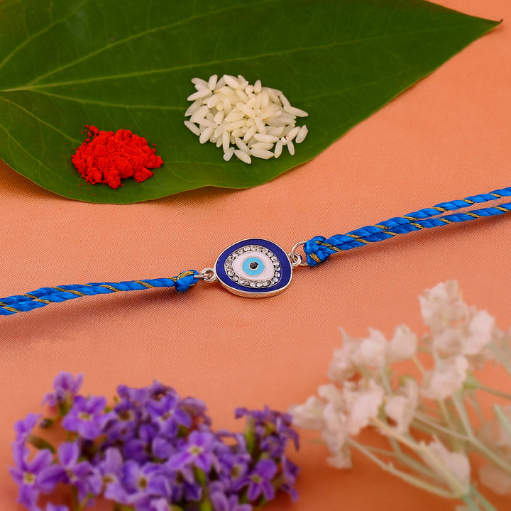 Estele Rhodium Plated Designer Evil Eye Rakhi with Austrian Crystals, Enamel and Silk Thread
