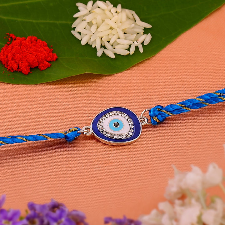 Estele Rhodium Plated Designer Evil Eye Rakhi with Austrian Crystals, Enamel and Silk Thread