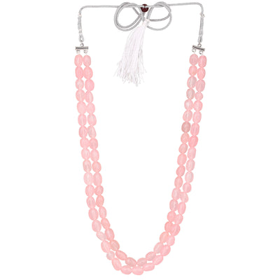 Estele Rhodium Plated Sparkling Double Layered Necklace with Mint Pink Beads for Girls/Women