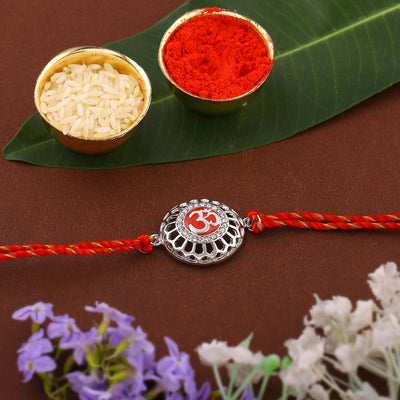 Estele Rhodium Plated Red Enamel Om Rakhi with Fancy Silk Thread